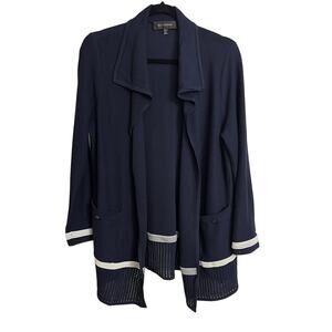 St. John Cardigan Womens M Navy Blue Open Front Shawl Collar Striped Mesh Knit